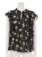 花柄袖フリルノースリBL/柄BLK