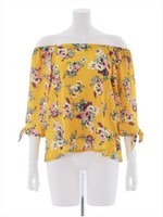 花柄5分袖オフショルダーブラウス/マスタード