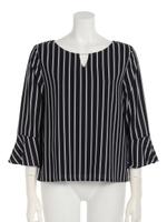 メタルパーツ付ストライプ9分袖ブラウス/ネイビー