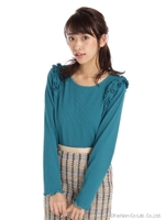 細リブ肩フリルカットソー/ブルー