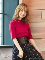 【秋の新作】カバーリングリブ 装飾付H/N 5分袖/TOPS/ボルドー