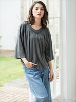 編込み加工Vネック ピグメント7分袖Tシャツ/ピーコック