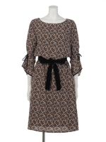 レトロ小花柄ブラウジングワンピース/ブラウン