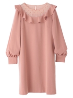 【ワンピース】ネックシアーフリルワンピース/ピンク