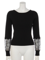 袖スカラ刺繍レースリブニット/ピンク