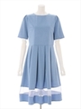 5分袖オーガンジー切替ワンピース/ブルー×グレー