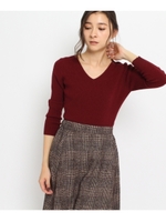 【洗える】レーヨン混Vネックリブニット/ボルドー(064)