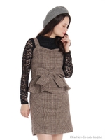 チェックワンピース×レーストップスセット/チャコールグレー