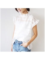 レース半袖トップス/ブルー