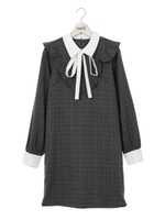 衿付ボウタイフリルワンピ/グレーチェック