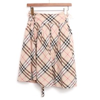 紐ベルト付チェックフレアスカート 36 バーバリーブルーレーベル 74589 BURBERRY BLUE LABEL ベージュ レディース