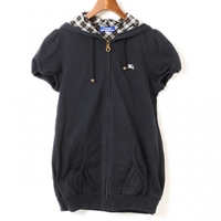 裏地チェック半袖ジップアップパーカー 38 バーバリーブルーレーベル br01000811 BURBERRY BLUE LABEL ブラック レディース