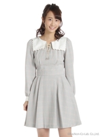 スカラップ衿チェック柄ワンピース/ブルー