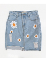 【CHILLE】フラワープリントデニムスカート/ライトブルー(038)