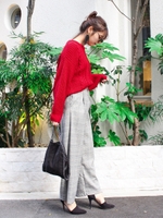 ケーブルラウンドニット/レッド