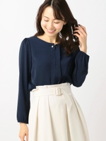 チェーン使いノーカラーブラウス/ネイビー