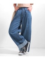 【Alluge】ハイウエストロールアップワイドパンツ/ライトブルー(038)