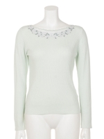 ボートネック刺繍チュールリブニットプルオーバー/ミント