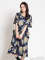 綿麻SZ天竺 花とリボンプリントワンピース/グリーン