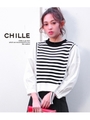 【CHILLE】ボーダー切替ボリューム袖トップス/ホワイト/ブラック(058)