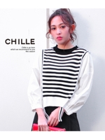 【CHILLE】ボーダー切替ボリューム袖トップス/ホワイト/ブラック(058)