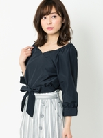 ウエストリボンブラウス/ネイビー