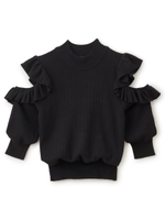 カタアキフリルリブニットトップス/ブラック