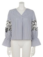 ケミカルレースボリューム袖ブラウス/ネイビー