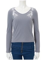 フラワー刺繍リブカットソー/グレー