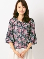 花柄バルーン袖ブラウス/ネイビー