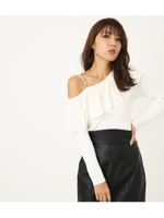 Fパールストラップフリルknit TOP/WHT