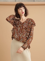 Grace&Mila/フラワープリントフリルブラウス/ブラウン