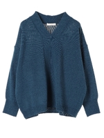 ・Vネックフロント切り替えニットプルオーバー/ブルーグリーン