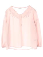 ・ギャザースリーブ刺繍プルオーバー/ピンクベージュ