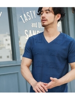 【AZUL BY MOUSSY】ジャガードカモボーダーVネック半袖プルオーバー/NVY