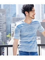 【AZUL BY MOUSSY】チマヨコットンインディゴ半袖Vネックプルオーバー/L/BLU