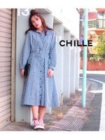 【CHILLE】ギンガムチェックロングワンピース/ブルー(019)