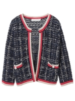 【カーディガン】配色パイピングニットジャケットカーディガン/ネイビー