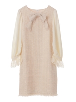 【ワンピース】袖シフォンツイードワンピース/クリームイエロー