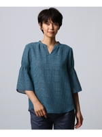 【洗える】[L]グレインチェック7分袖ブラウス/ブルー(292)