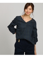 【洗える】Ｖネック袖タックコンシャス　チェックブラウス/モスグリーン(224)