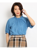 【洗える】フリルネックブラウス/ライトブルー(091)
