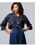 ◆[L]スキッパーネックフラワープリントブラウス/ネイビー(193)