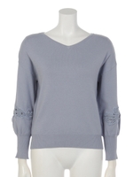 Ｖネック袖すかしレースニットプルオーバー/サックス