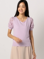 ギザギザネック袖レースニット/ラベンダー