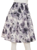 グリーンローズ柄ウエストギャザーフレアスカート/ブラック