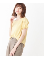 ストレッチストライプフリル袖Tシャツ/イエロー系(335)