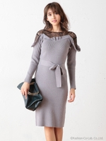 デコルテレースニットワンピース/グレー