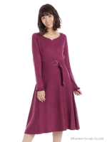 ハートネックベルト付ワンピース/ワイン