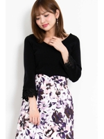 ハートネック袖レースリブニット/ブラック(010)